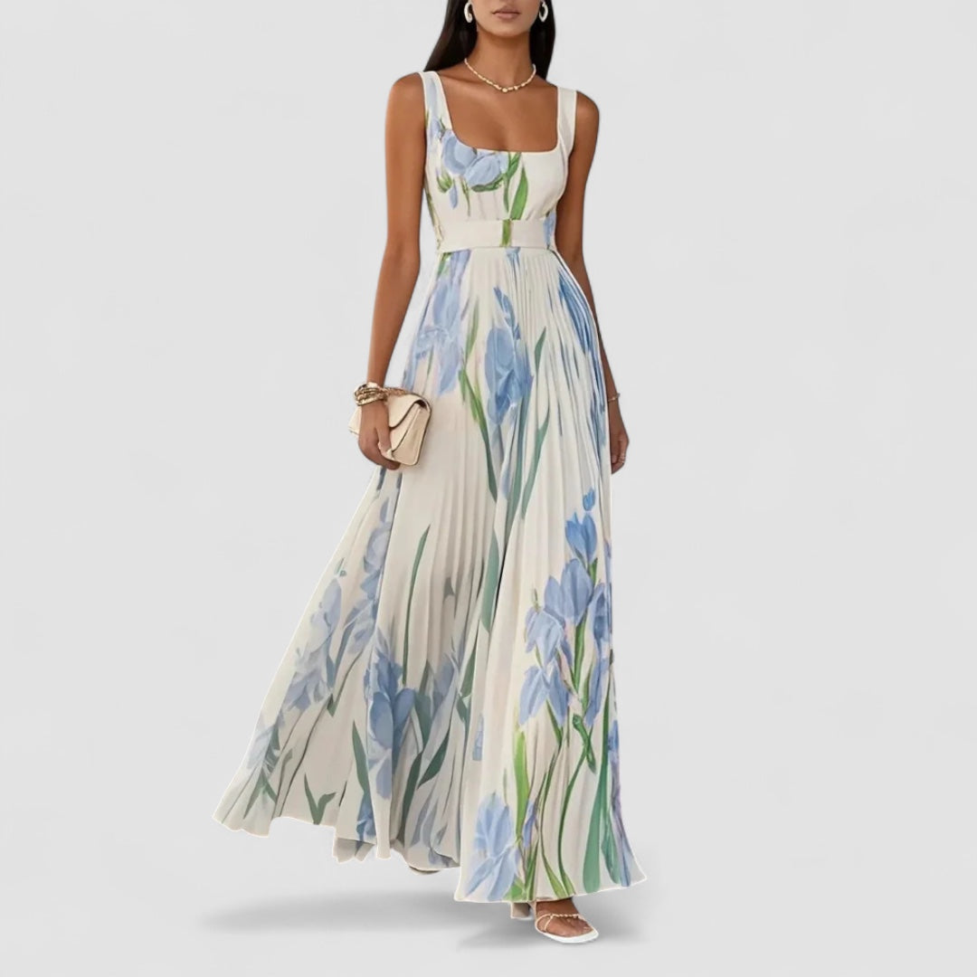 Elegant lång plisserad blommig klänning för kvinnor