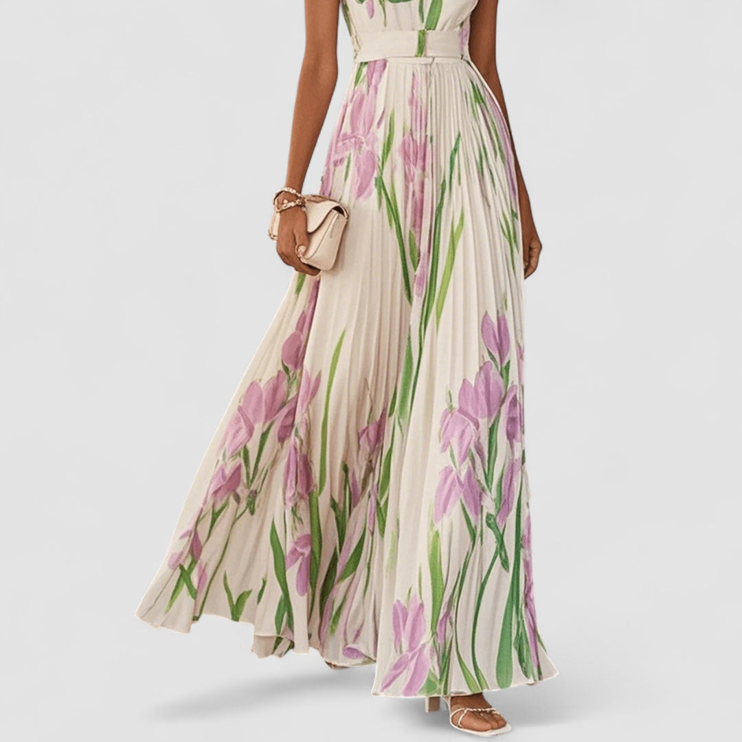 Elegant lång plisserad blommig klänning för kvinnor