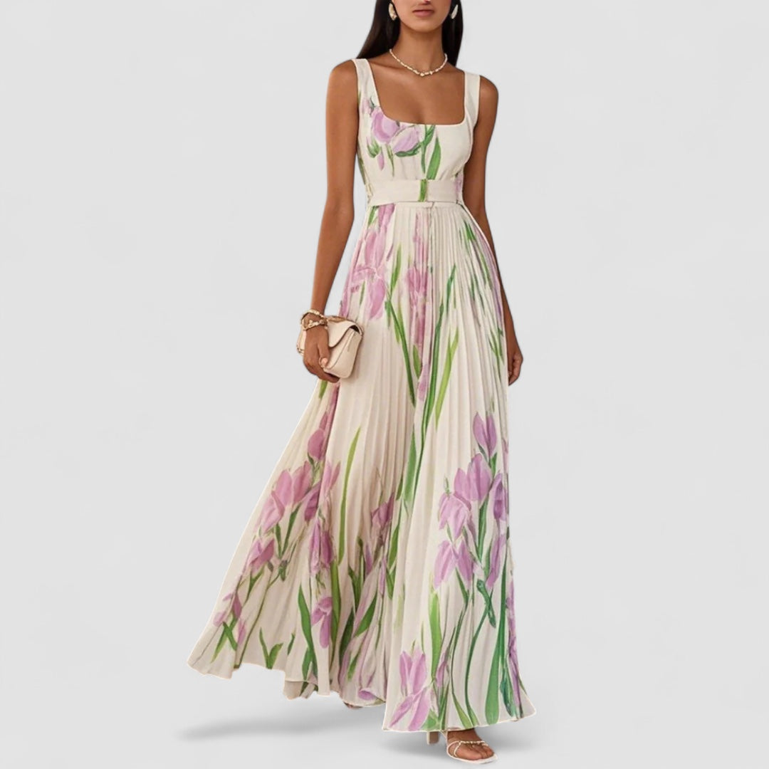 Elegant lång plisserad blommig klänning för kvinnor