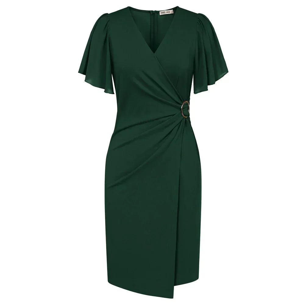 Elegant beige omlottklänning