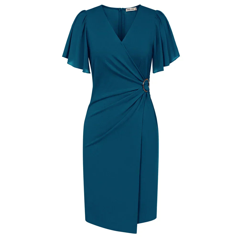 Elegant beige omlottklänning