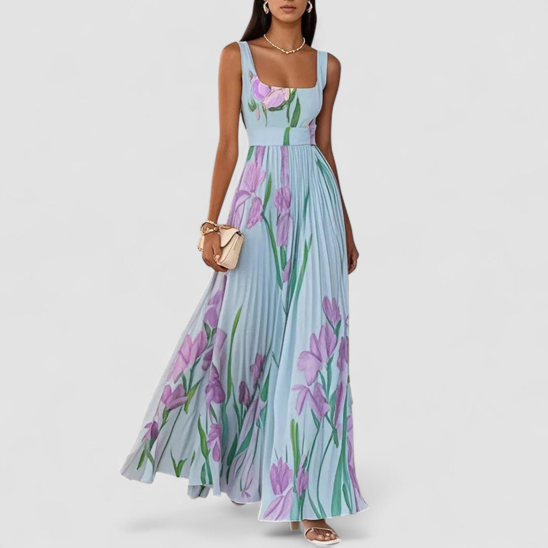Elegant lång plisserad blommig klänning för kvinnor