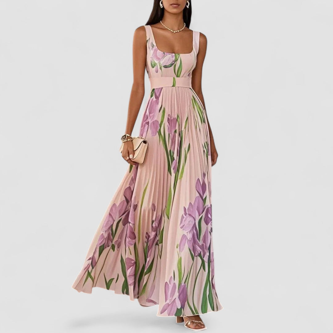 Elegant lång plisserad blommig klänning för kvinnor