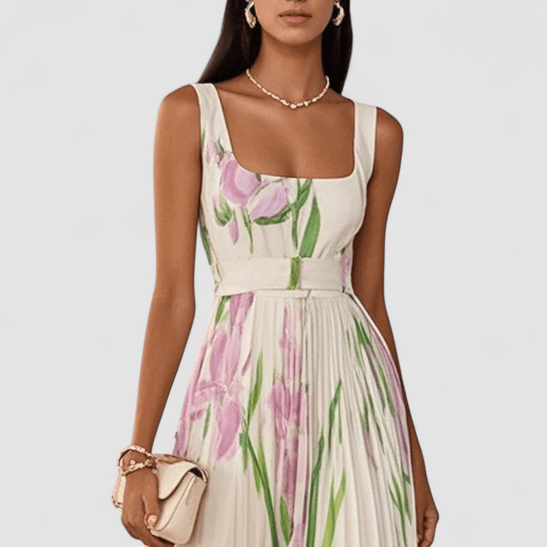 Elegant lång plisserad blommig klänning för kvinnor